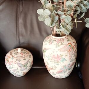 Hand Painted Macau Vases 11" and 7" Butterflies Flowers Raised Design